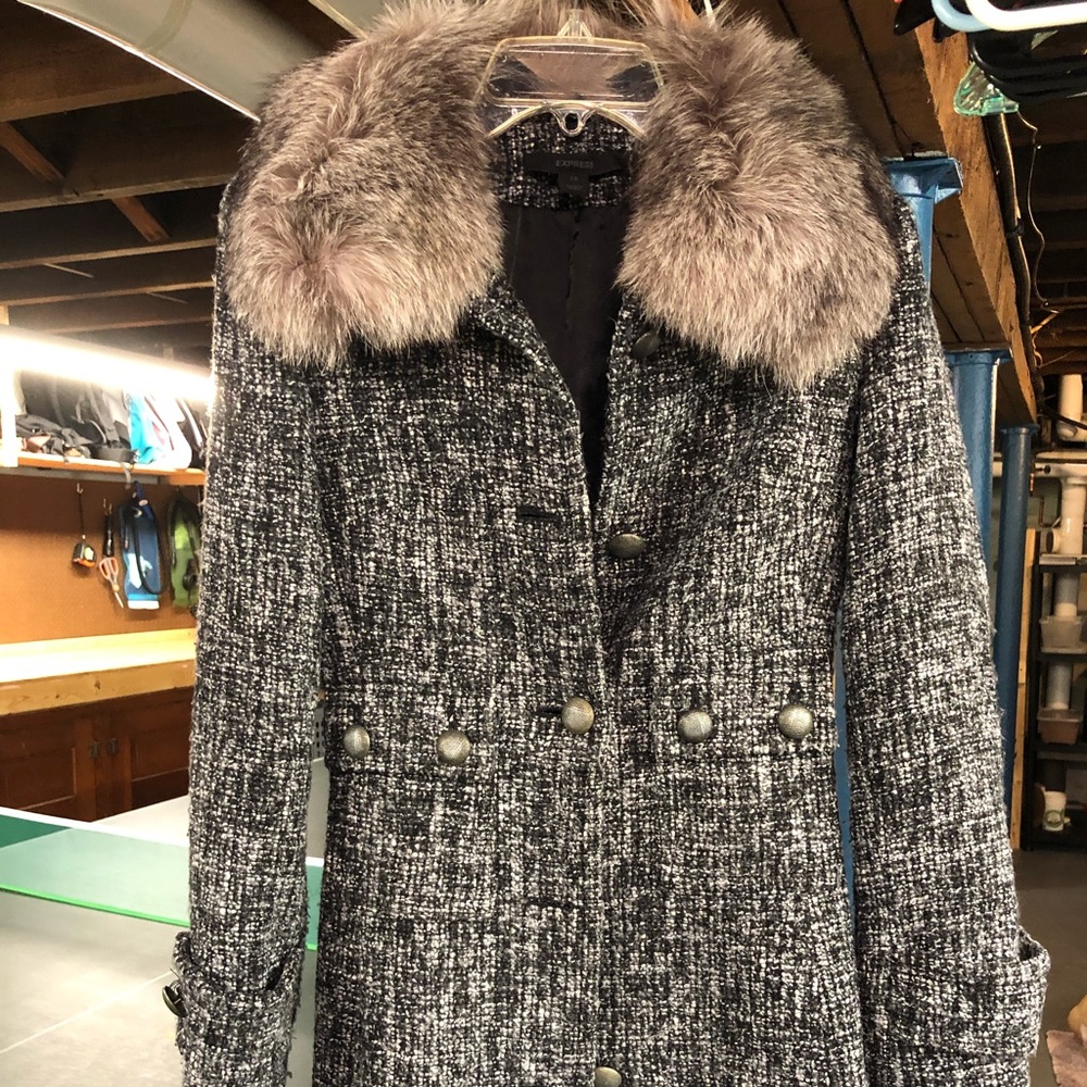 Express Tweed Winter Coat w/ Detachable Fur Collar